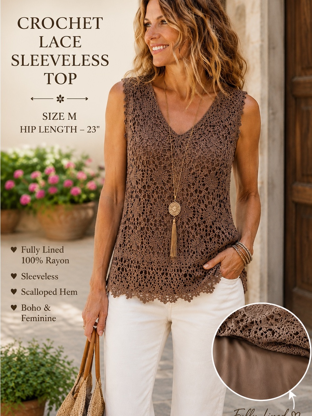Crochet Lace Tunic Top | Lined Boho Sleeveless Top | Medium